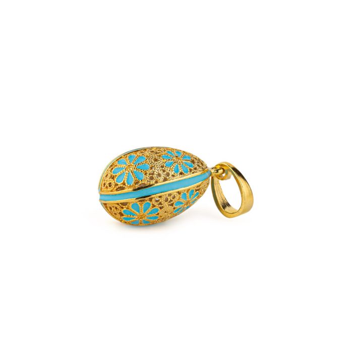 Filigree Egg Turquoise Pendant Necklace with Flowers - Sterling Silver Gold Plated - Image 3