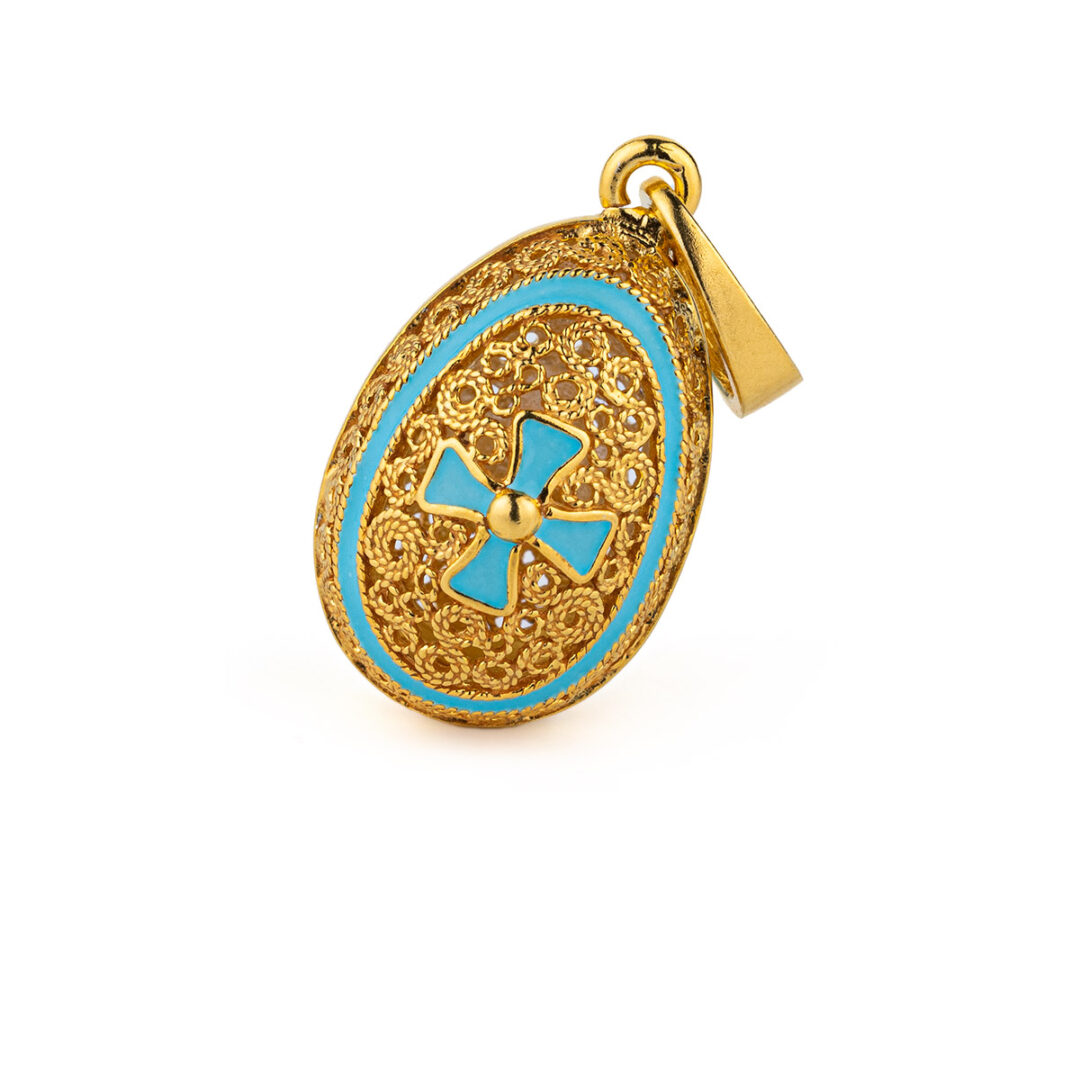 KA-P-03225025|KA-P-03230025m|KA-P-03225025b|PA-AL-00814008|PA-AL-00814008b|Greek-Roots-Packaging Egg Pendant Necklace with Cross - Sterling Silver Gold Plated with Turquoise Enamel - Image 1