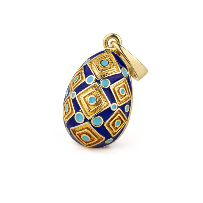 Egg pendant necklace with Square Motifs - Sterling Silver Gold Plated with Enamel - Image 1