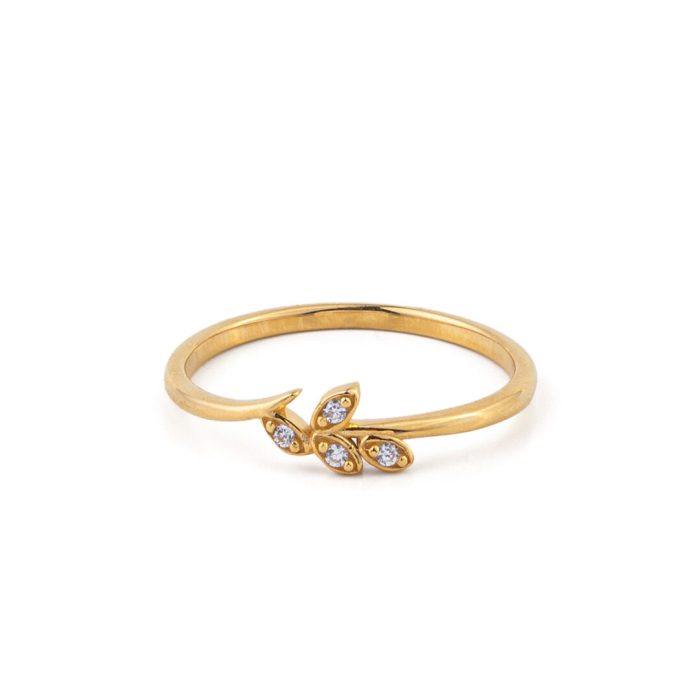 Olive Ring with Zircon – 14K Solid Yellow Gold - Image 1