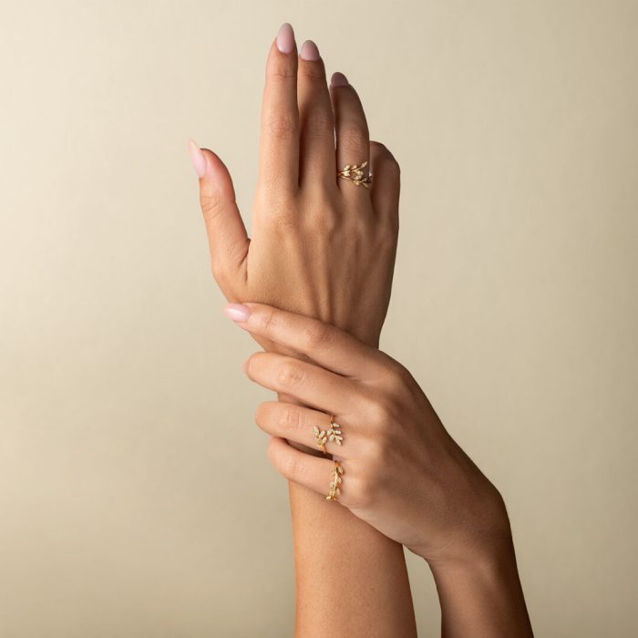 Olive Leaf Ring with Zircon - 14K Solid Yellow Gold - Image 2