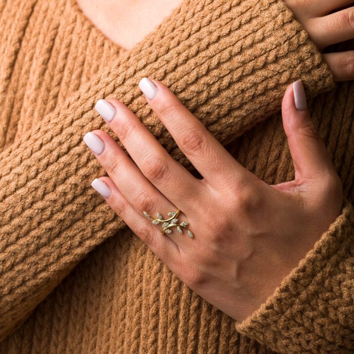 Olive Leaf Ring with Zircon - 14K Solid Yellow Gold - Image 2