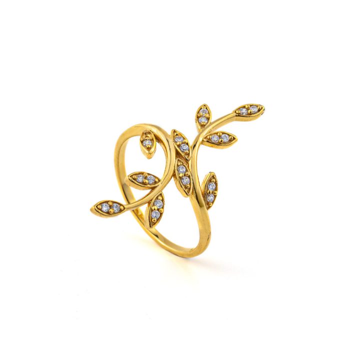 Olive Leaf Ring with Zircon - 14K Solid Yellow Gold - Image 3