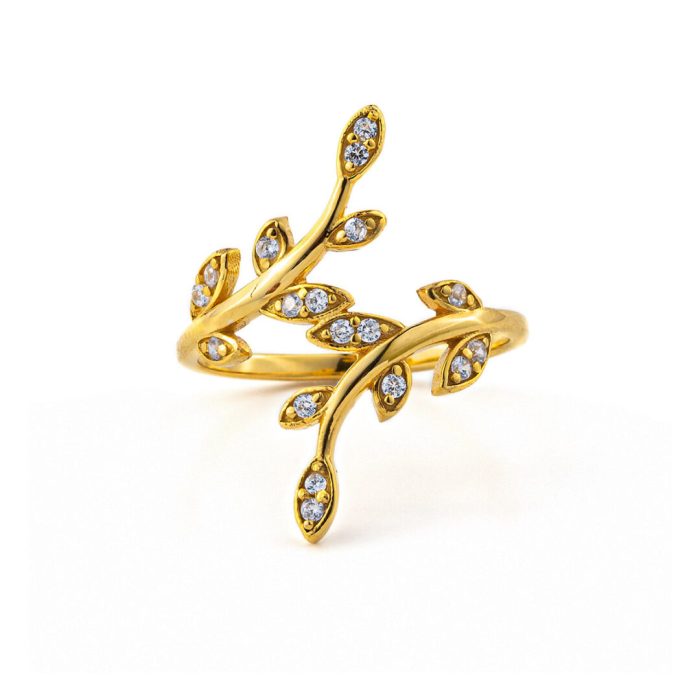 Olive Leaf Ring with White Zircon - 14K Solid Yellow Gold - Image 1