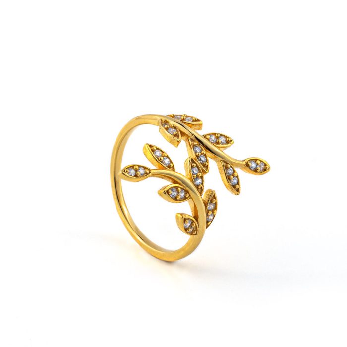 Olive Leaf Ring with White Zircon - 14K Solid Yellow Gold - Image 2