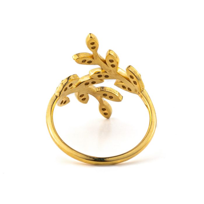 Olive Leaf Ring with White Zircon - 14K Solid Yellow Gold - Image 3