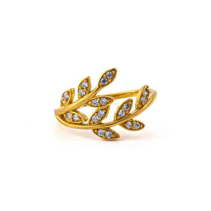 Olive Leaf Ring with Zircon - 14K Solid Yellow Gold - Image 1