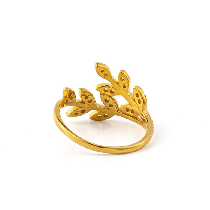 Olive Leaf Ring with Zircon - 14K Solid Yellow Gold - Image 4
