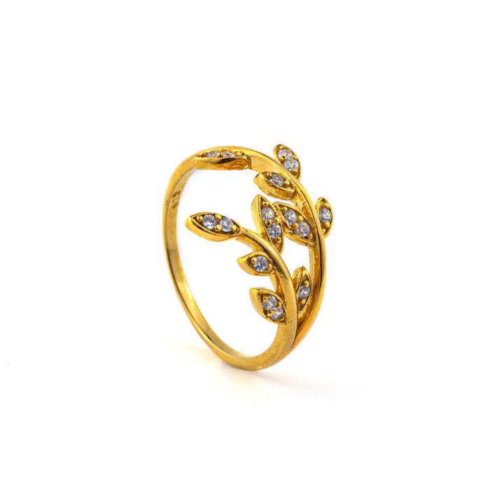 Olive Leaf Ring with Zircon - 14K Solid Yellow Gold - Image 3