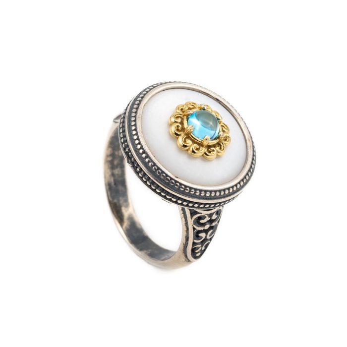 Sterling Silver Gold Plated Round Byzantine Ring with Stones - Image 2