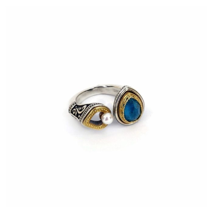 Byzantine Ring with Apatite Doublet Stone and natural pearl - 925 Sterling Silver Gold Plated - Image 3