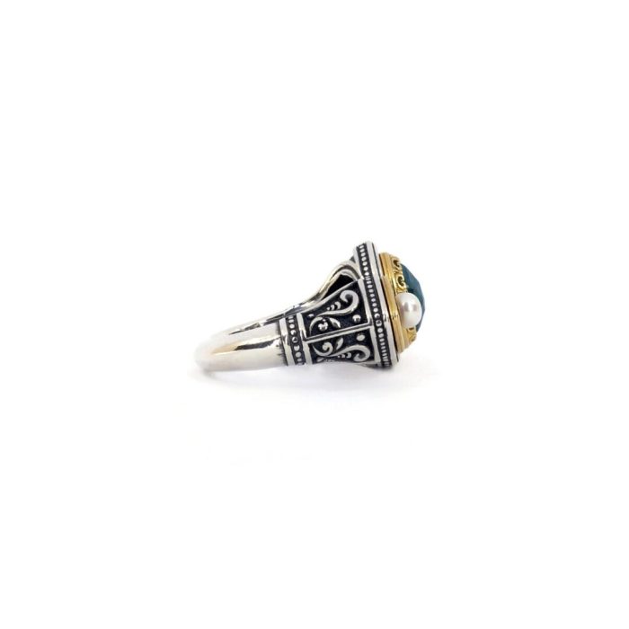 Byzantine Ring with Apatite Doublet Stone and natural pearl - 925 Sterling Silver Gold Plated - Image 4
