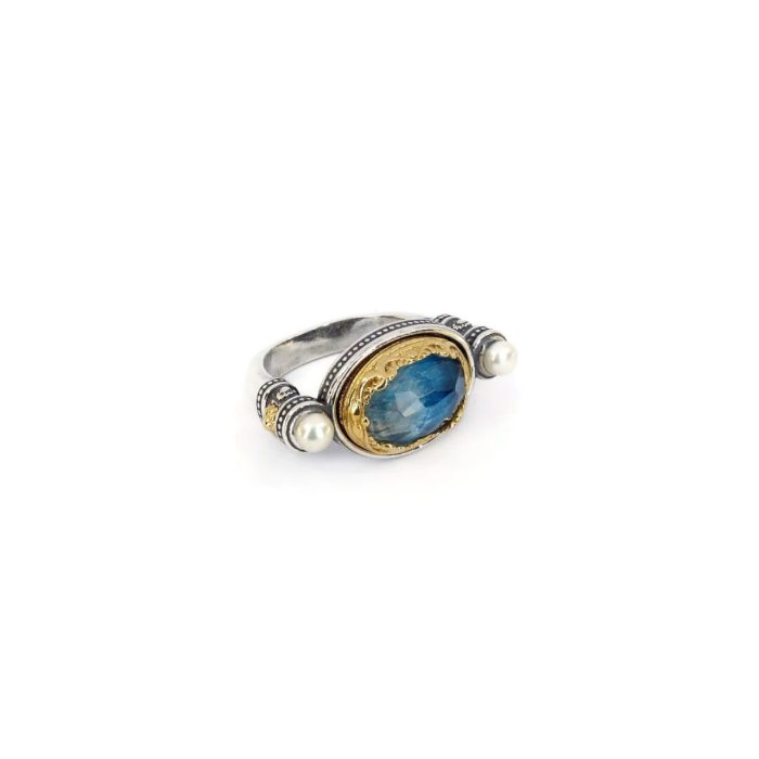 Byzantine Ring with Apatite Doublet Gemstone and Natural Pearl - Image 5