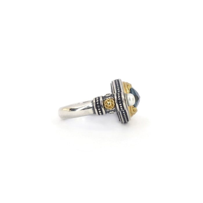 Byzantine Ring with Apatite Doublet Gemstone and Natural Pearl - Image 3