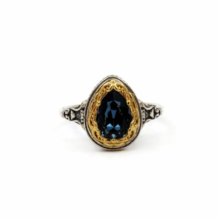 Byzantine Ring with London Blue Topaz Stone  - 925 Sterling Silver Gold Plated - Image 1