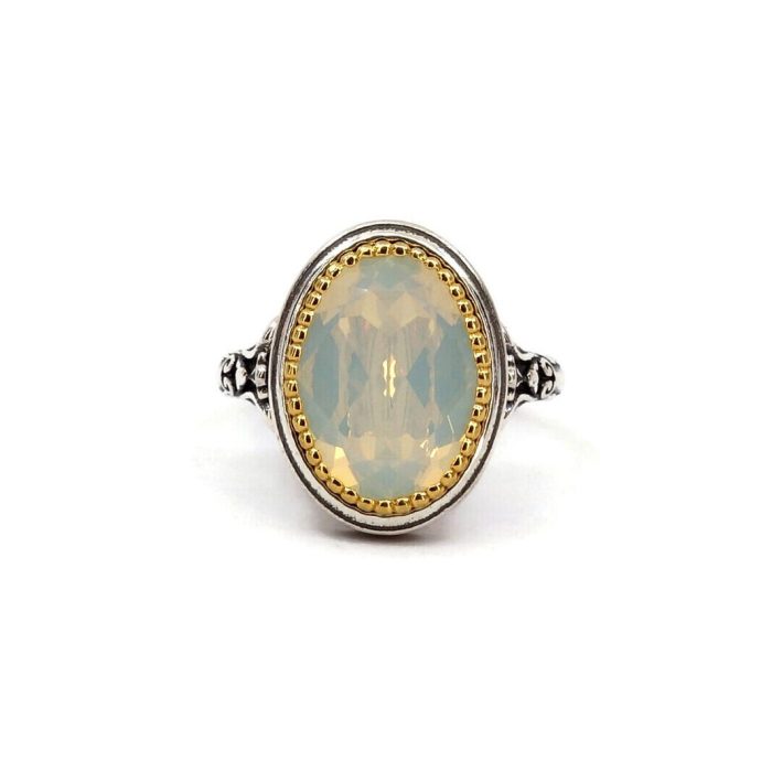Byzantine Ring with White Opal Stone - 925 Sterling Silver Gold Plated - Image 1