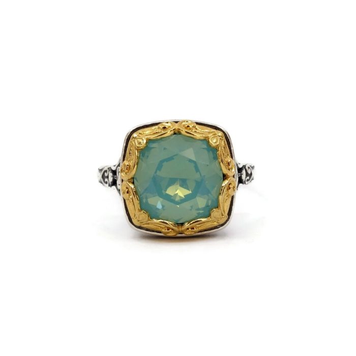 Byzantine Ring with Blue Opal Stone - 925 Sterling Silver Gold Plated - Image 1