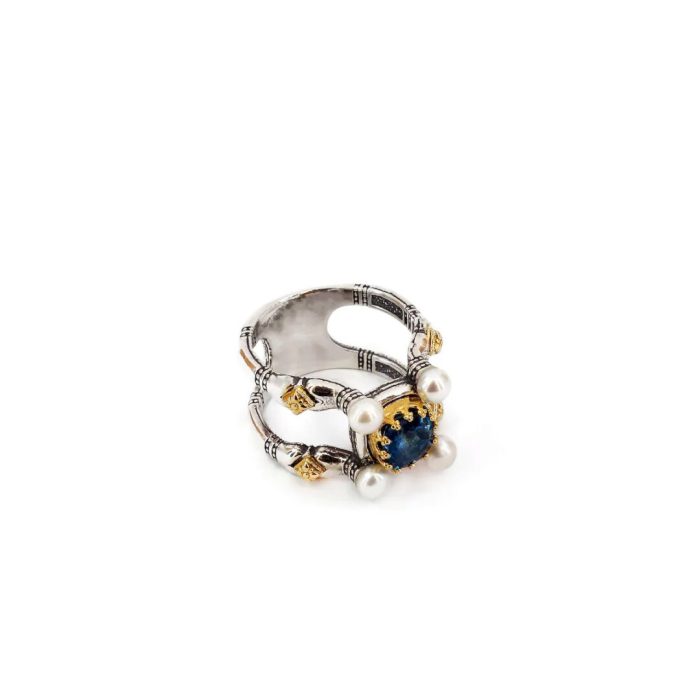 Byzantine Ring with Natural London Blue Topaz Gemstone and Pearl - Image 5