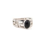 Greek Key Ring with Black Stone - 925 Sterling Silver