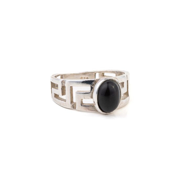 Greek Key Ring with Black Stone - 925 Sterling Silver - Image 1