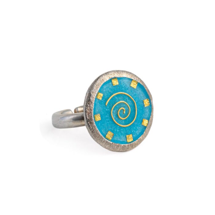 Spiral Round Ring with Enamel and Golden Pieces - 925 Sterling Silver - Image 1