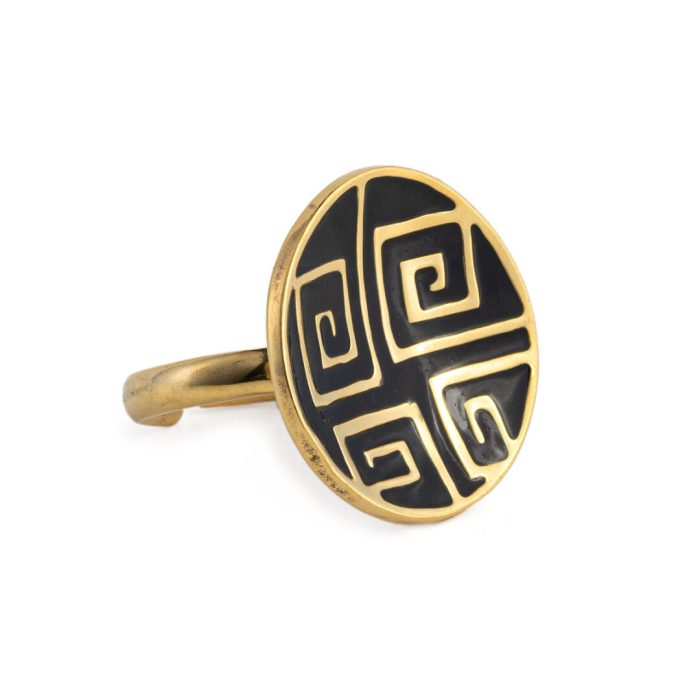 Meander Round Ring with Black Enamel - 925 Sterling Silver Gold Plated - Image 1
