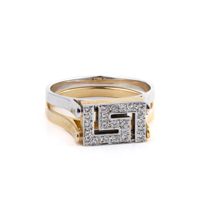 Double Face Greek key Ring with Zircon - 14K Gold - Image 1