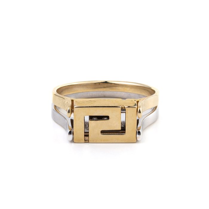 Double Face Greek key Ring with Zircon - 14K Gold - Image 2