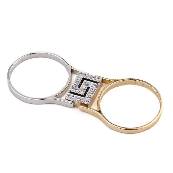 Double Face Greek key Ring with Zircon - 14K Gold - Image 4