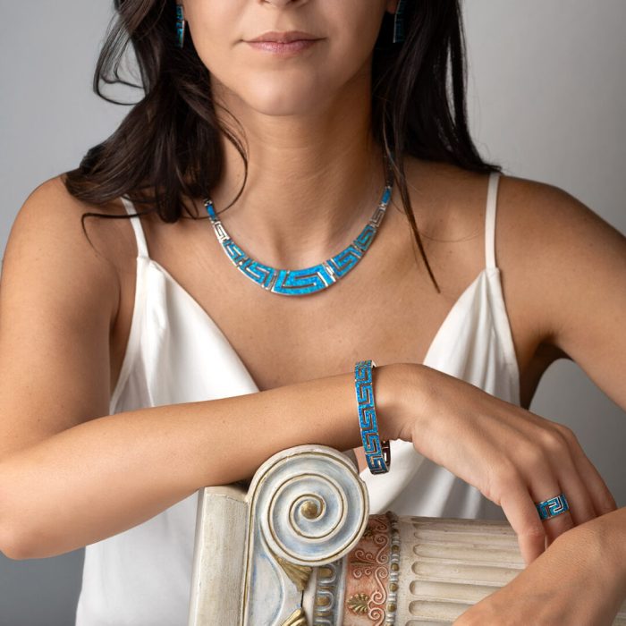 Greca Bangle Bracelet with Blue Opal stone - 925 Sterling Silver - Image 8