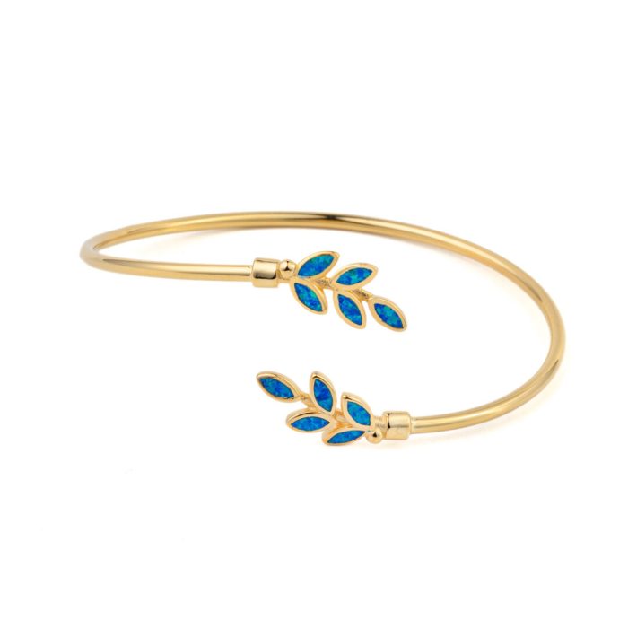 Olive Leaf Opal bangle Bracelet - 925 Sterling Silver and Gold Plated - Image 1
