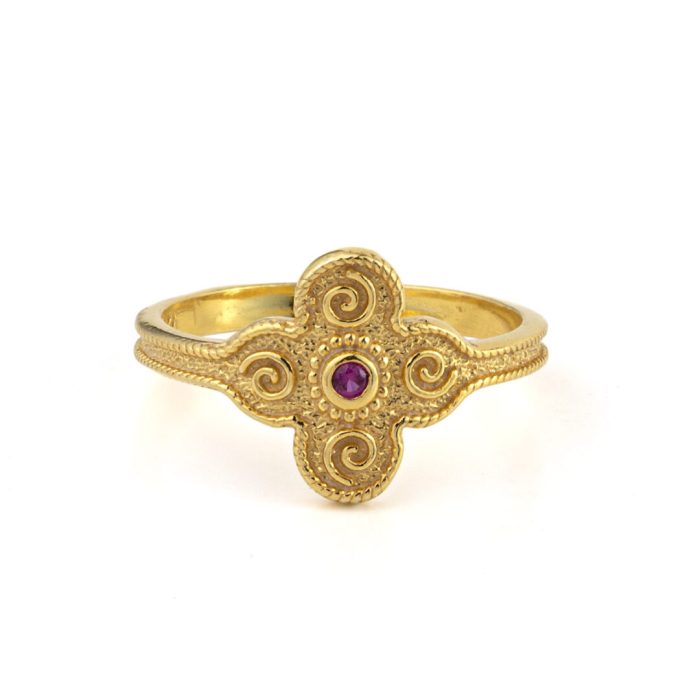 Byzantine Flower Ring with Stone - Gold Plated 925 Sterling Silver - Image 1