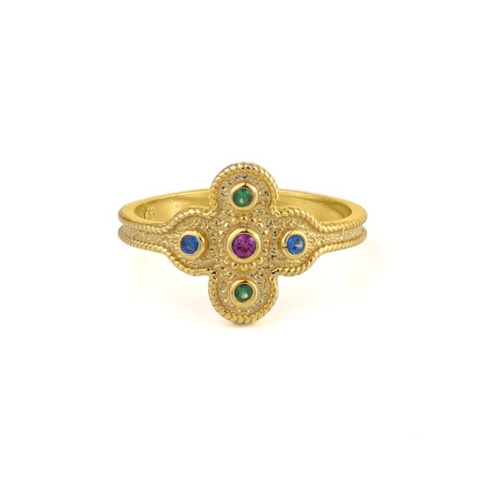 Byzantine Flower Ring with Stones - 925 Sterling Silver and Gold Plated - Image 1