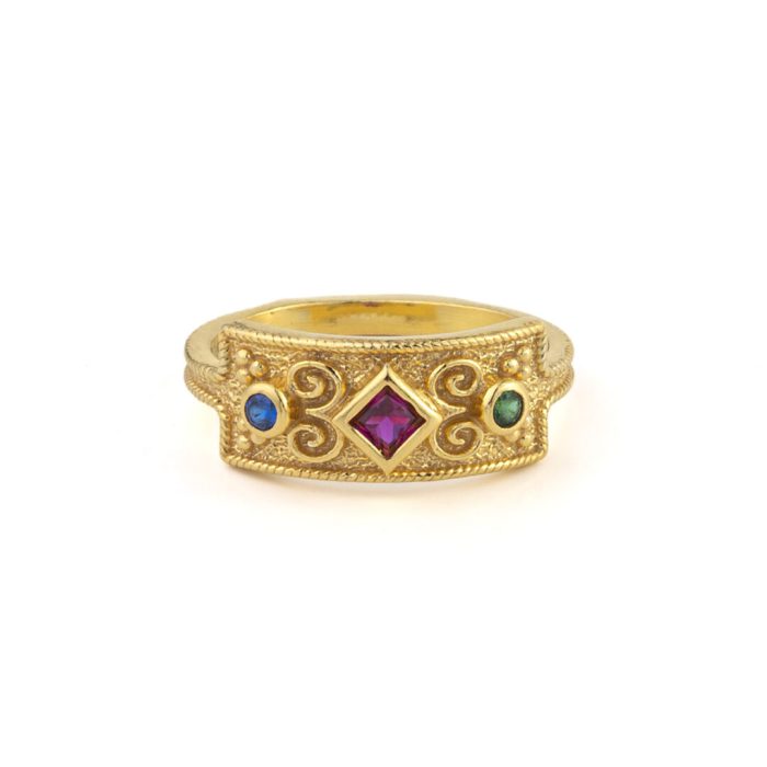 Byzantine Style Ring with Stones - Gold Plated 925 Sterling Silver - Image 1