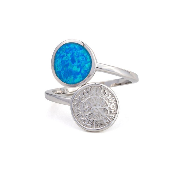 Phaistos Disc Blue Opal Ring – 925 Sterling Silver - Image 1