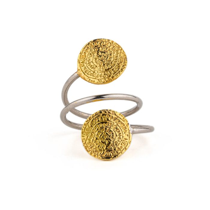 Double Phaistos Disc Ring – 925 Sterling Silver and Gold Plated - Image 1