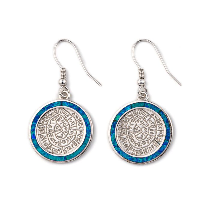 Phaistos Disc Dangle Earrings - 925 Sterling Silver with Opal - Image 4