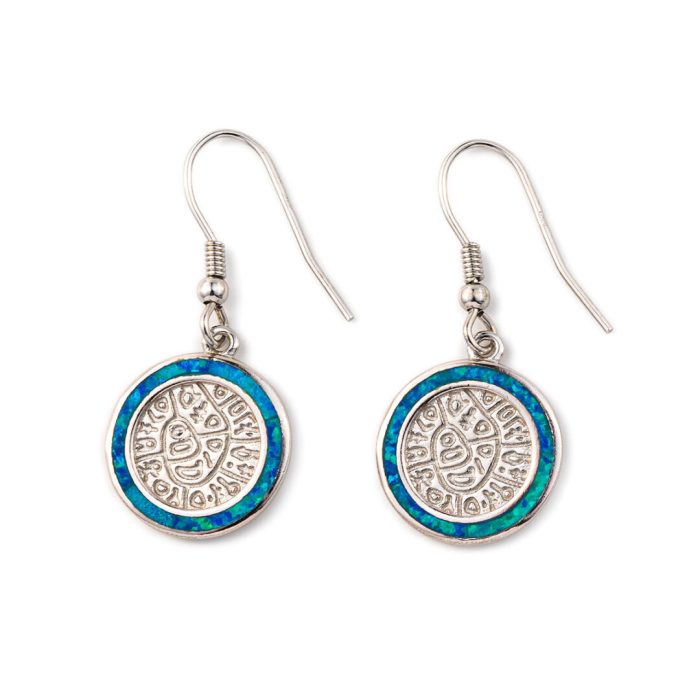 Phaistos Disc Dangle Earrings - 925 Sterling Silver with Opal - Image 3