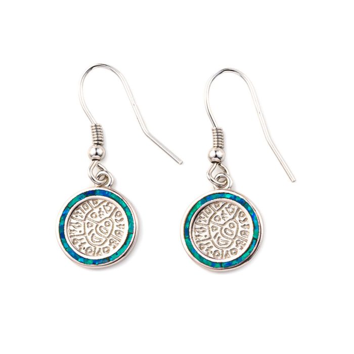 Phaistos Disc Dangle Earrings - 925 Sterling Silver with Opal - Image 1