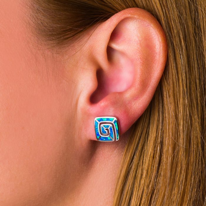 Meander Stud Earrings – Sterling Silver 925 with Opal - Image 2