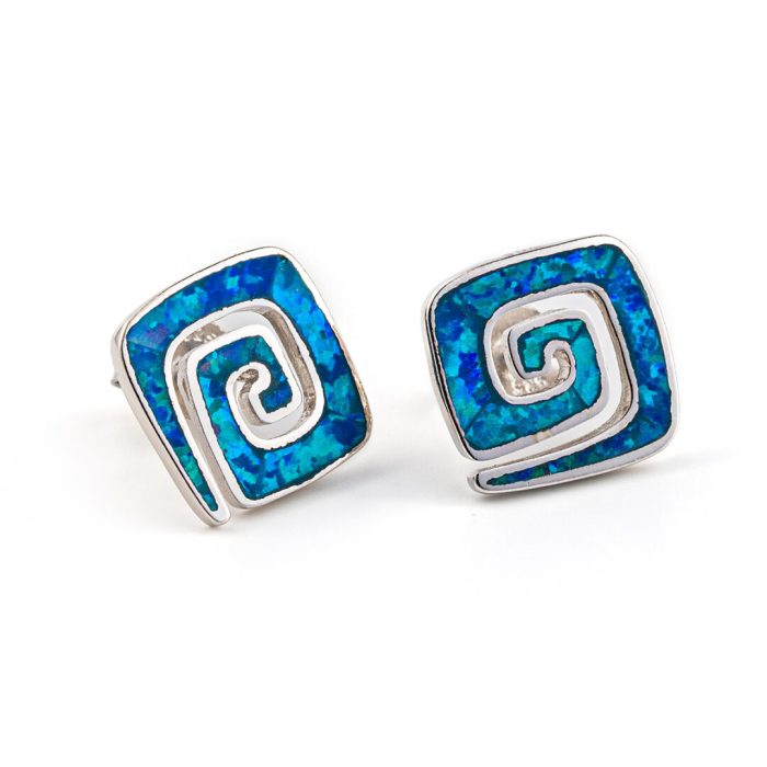 Meander Stud Earrings – 925 Sterling Silver with Opal - Image 1