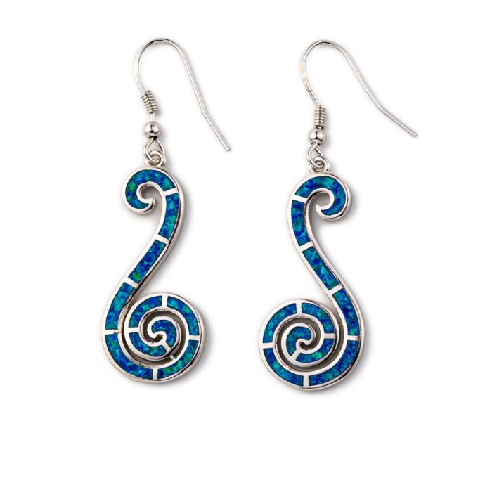 Blue Opal Silver Spiral Dangle Earrings - Image 1