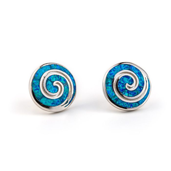 Spiral Stud Earrings - Sterling Silver with Opal - Image 3