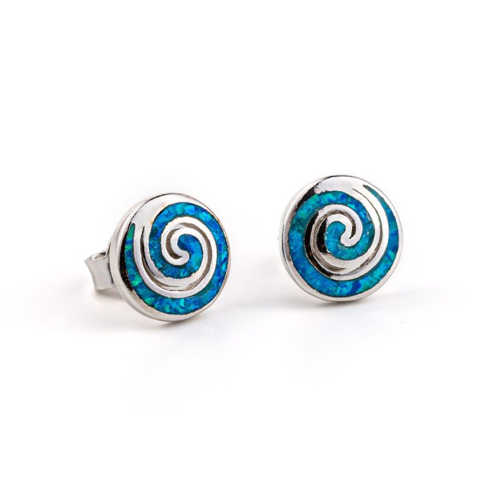 Spiral Stud Earrings - Sterling Silver with Opal - Image 1