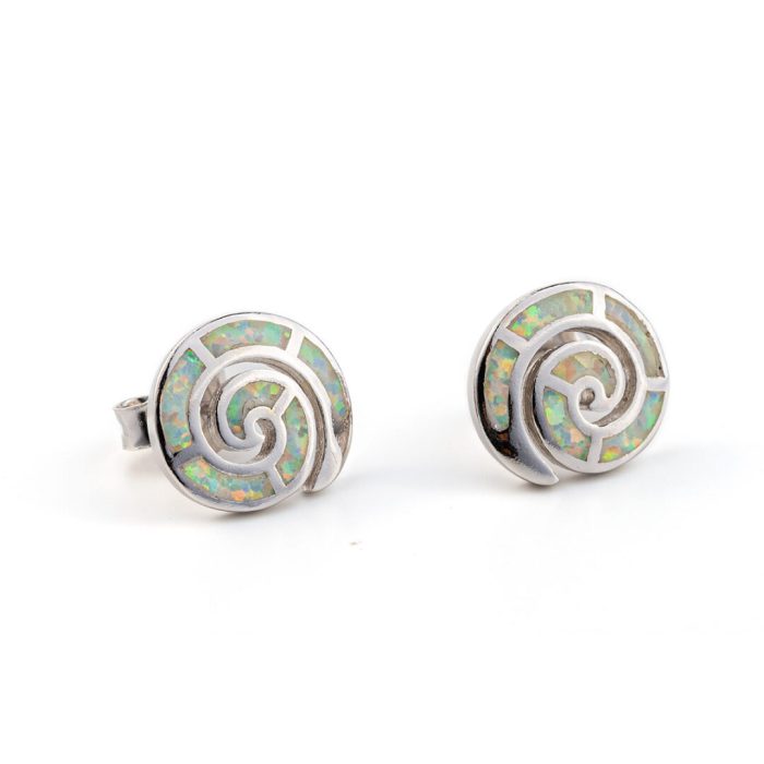 White Opal Silver Spiral Stud Earrings - Image 2