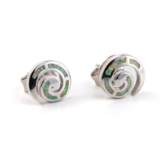 White Opal Silver Spiral Stud Earrings - Image 1