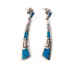 Greek Key Curvy Blue Opal Dangle Earrings