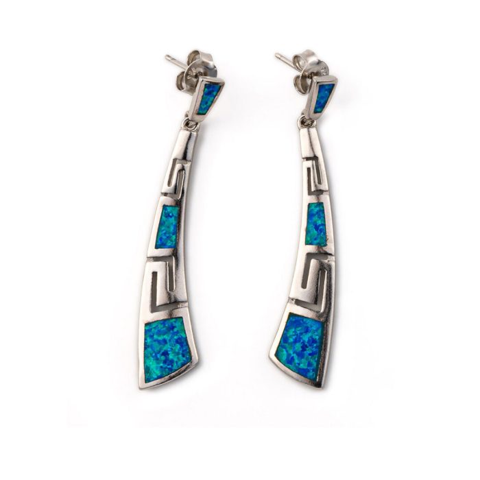 Greek Key Curvy Blue Opal Dangle Earrings - Image 1