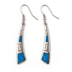 Greek Key Curvy Silver Blue Opal Dangle Earrings - Image 3