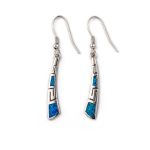 Greek Key Curvy Silver Blue Opal Dangle Earrings